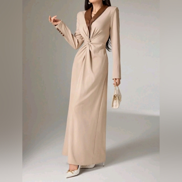 Women Contrast Color Twist Design Elegant Long Sleeve Dress - Picture 2 of 6